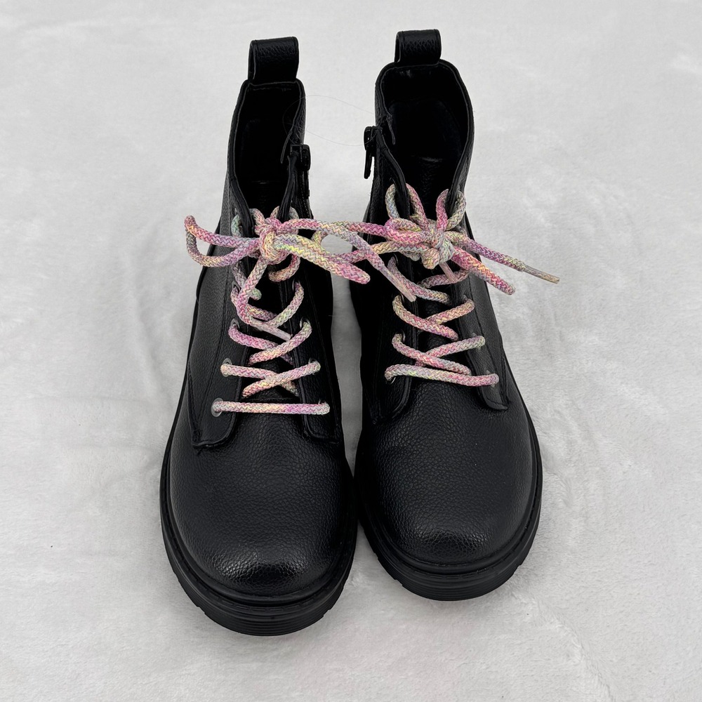 Art Class Girls Size 1 Black Faux‎ Leather Combat Boots Rainbow Laces Side Zip